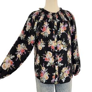 Rebecca Taylor Silk Floral Long Sleeve Button-Down Blouse Shirt Top Black Size M
